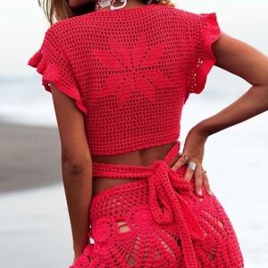 Andi_Bagus yogi watermelon red ruffle crochet top S/XS handmade in Bali …